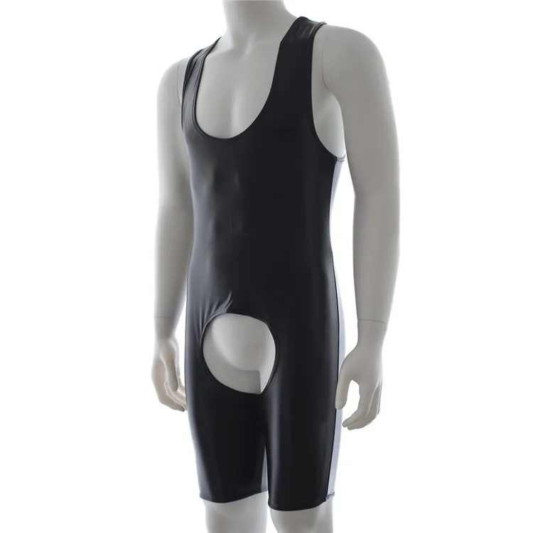 

Mens Snug Fit Wet Look Synthetic Leather Singlet Briefs Crotchless Open Back Bodysuit Tanks Masculine Fetish Costume