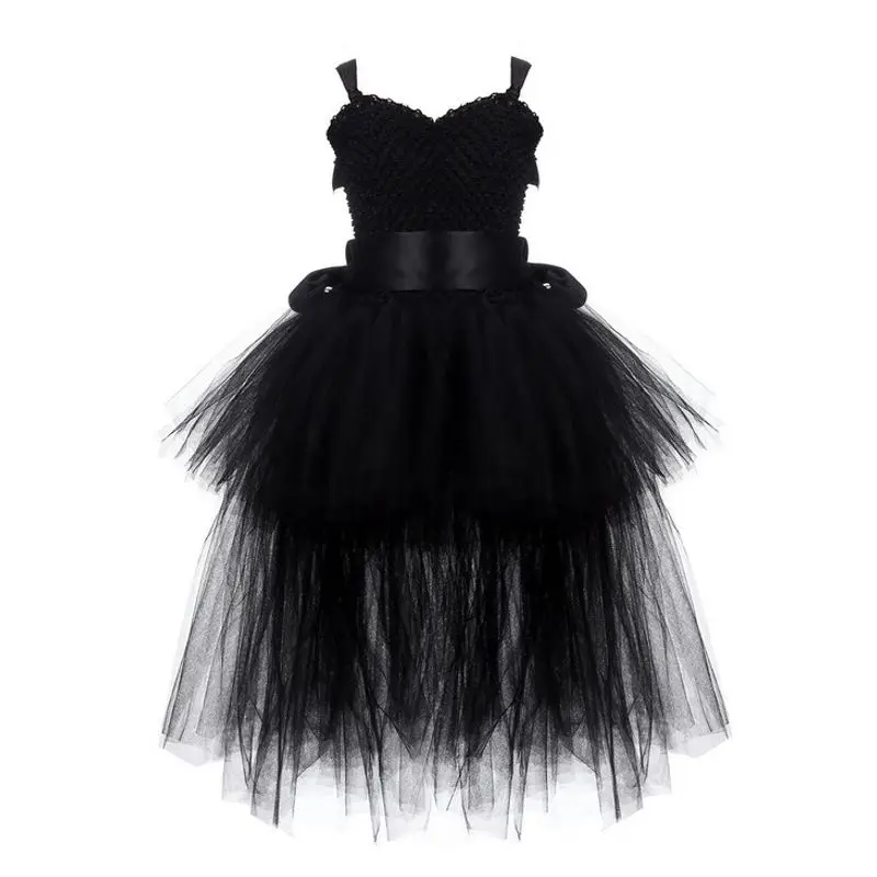 Черное платье-пачка с ангелом; длинное платье с фатиновой юбкой для девочек; детское вечернее платье с хвостом; бальное платье для девочек; костюм на Хэллоуин