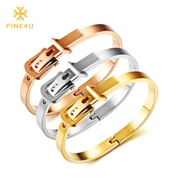 

2018 New FINE4U B050 Belt Buckle Bangle For Men Women 316L Stainless Steel Bracelets & Bangles 3 Colors Choices