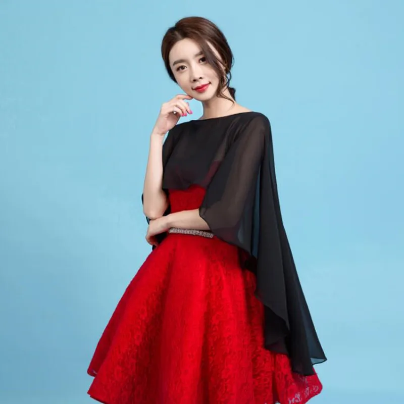 Long Chiffon Cape Shawl Wedding Jacket Women Shrug Wraps Black Off White Red One Size Etole Mariage Bolero Mariage