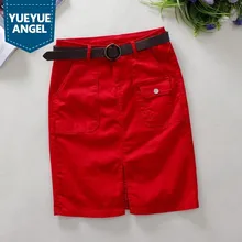 Летние красные джинсовые юбки, женские юбки до колен с карманами, английский стиль, высокая талия, прямые однотонные шорты, джинсовые юбки для женщин