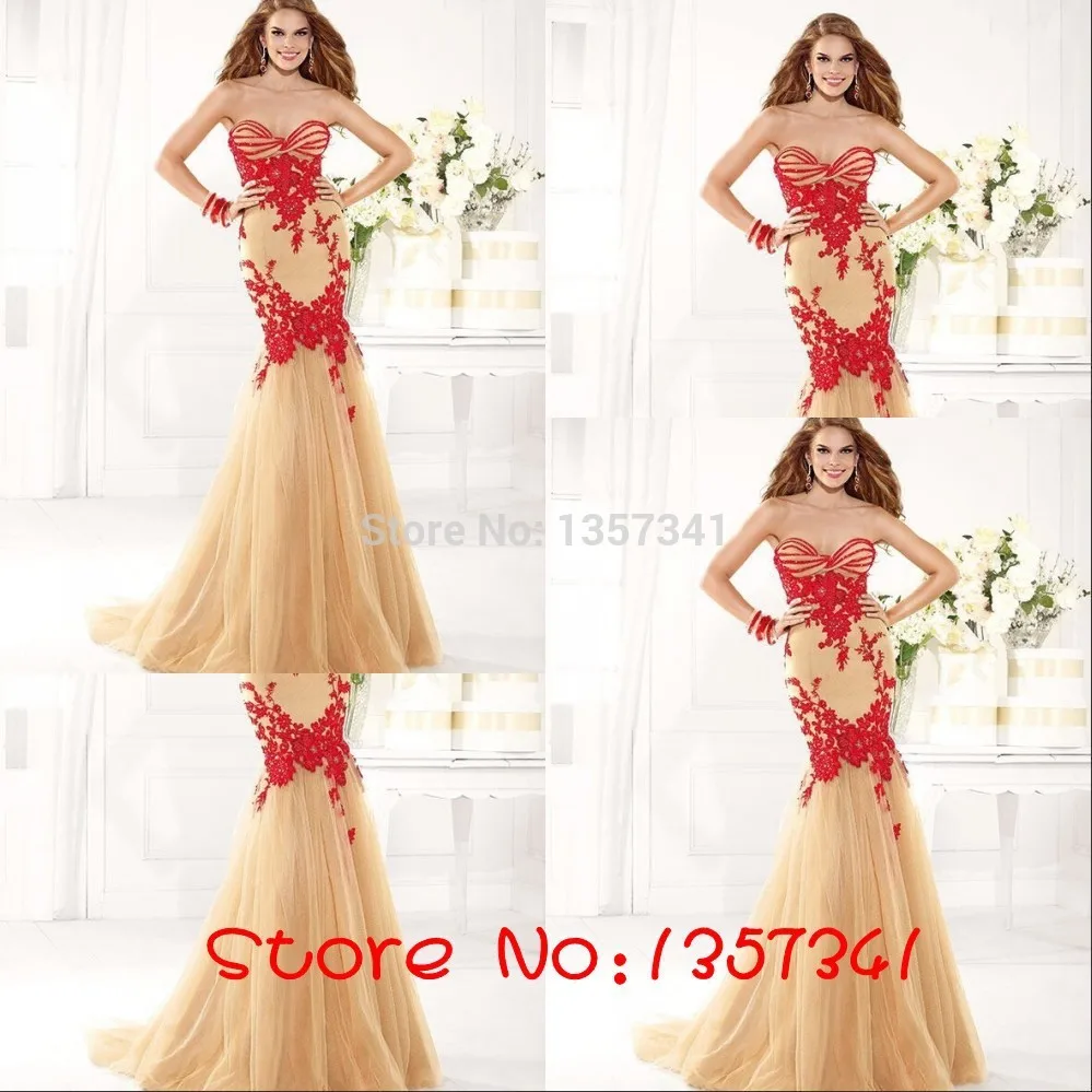 

2015 Free Shipping Custom Floor-Length Appliques Sweetheart Natural Tulle Red Long Lace Prom Dresses/Mermaid Evening Dress CF013