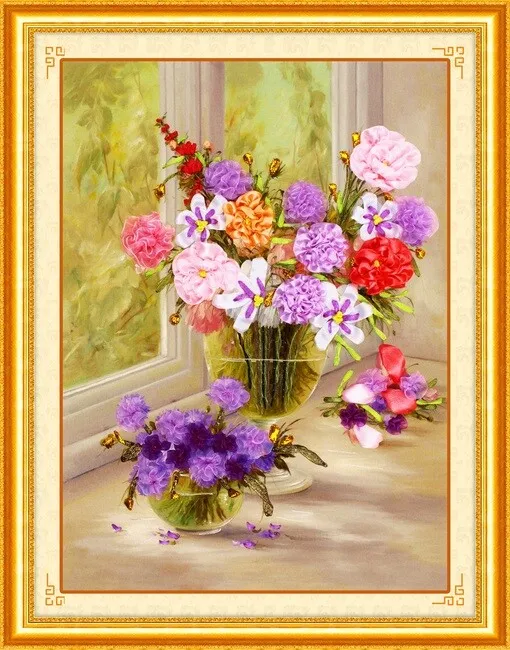 

DIY 3D Ribbon Embroidery cross stitch kits sets simple handmade needlework/ beautiful Colorful flower decor picture paintings