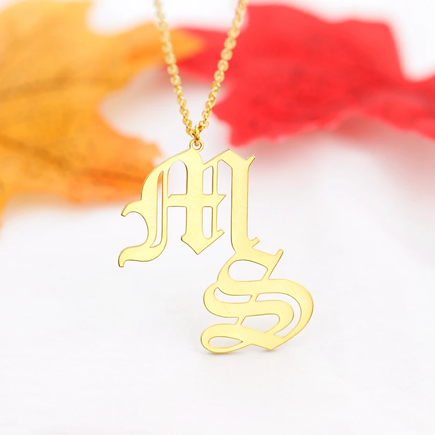 

Custom Old English 2 Initial Pendant Women Stainless Steel Personalized Name Chain Necklaces Gothic Jewelry Birthday Xmas Gift