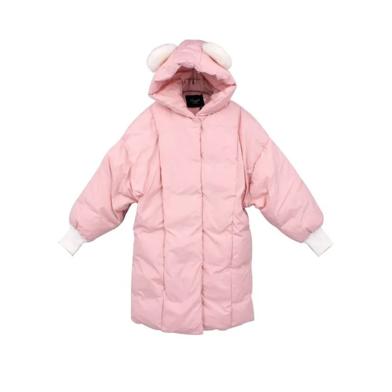 Cute Hooded Ear 2018 Winter Jacket Women Thick Long Women Parkas Female Outwear Coat Down Cotton Padded Snow White Pink kawaii Coats