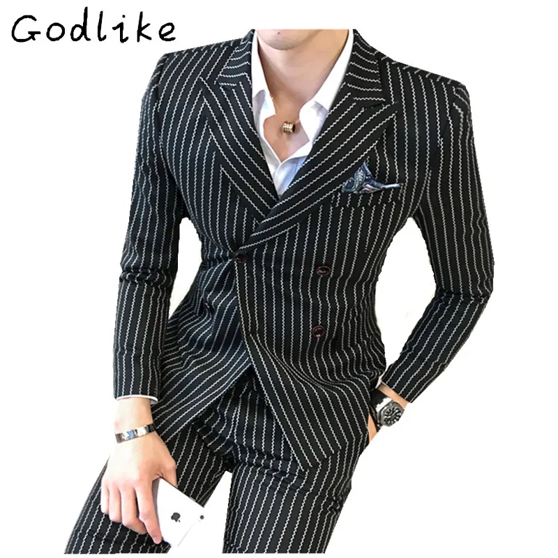 

GODLIKE men's large striped suit, double-breasted three-piece suit, fashionable casual suit, large size casual suit.