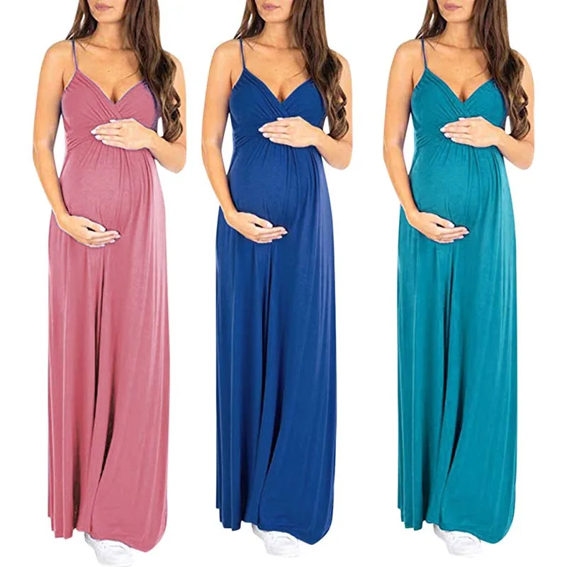 

Maternity Summer Sleeveless Straps Waist-Closing Maternity Dresses V-Neck Sexy Dress Breastfeeding Solid Color Robe Maternite