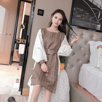 

2018 Autumn New Striped Patchwork Dress Women Temperament Thin A-line Dress Elegant Brief Fashion Sashes Vestido De Festa