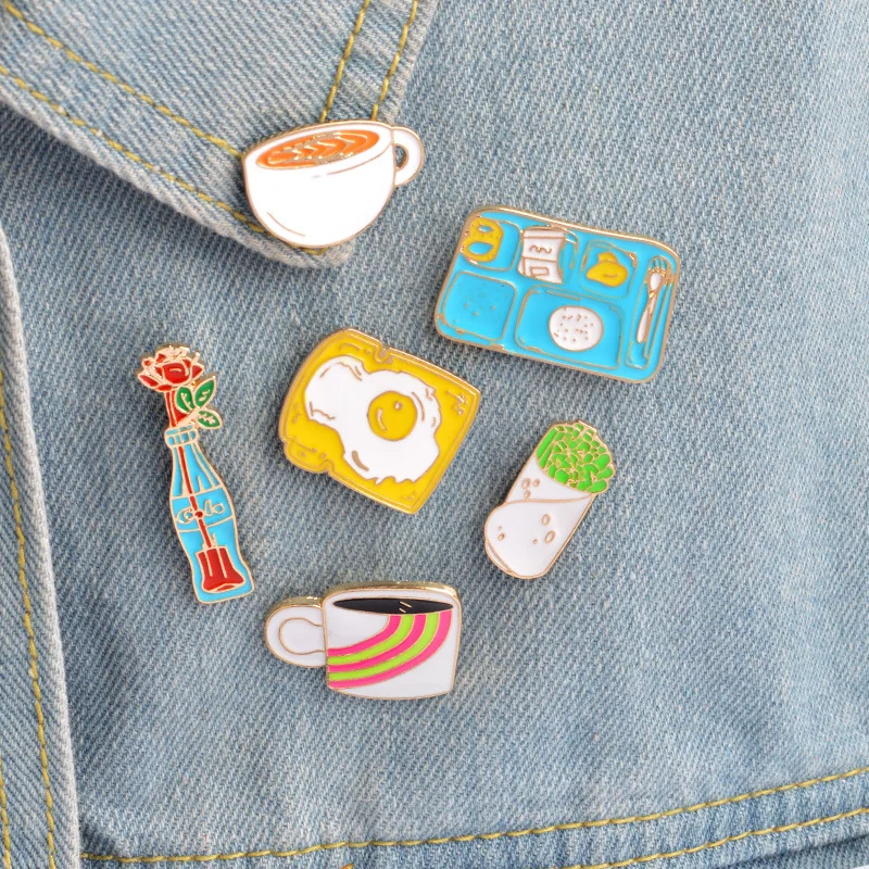 

2018Fashion Cartoon Brooches Fried egg bento coke bottle rose rolls coffee Cup brooch Pins Button Clothes Bag Pin Badge Jewelry