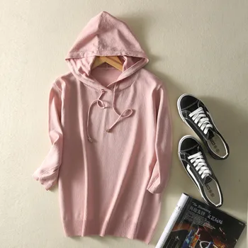 

Fashion Hoodies Short Sleeve Silk Knitted Solid Sweatshirt Pullover Knitwear Casual Polerones Mujer 2019 New Streetwear Tee Tops