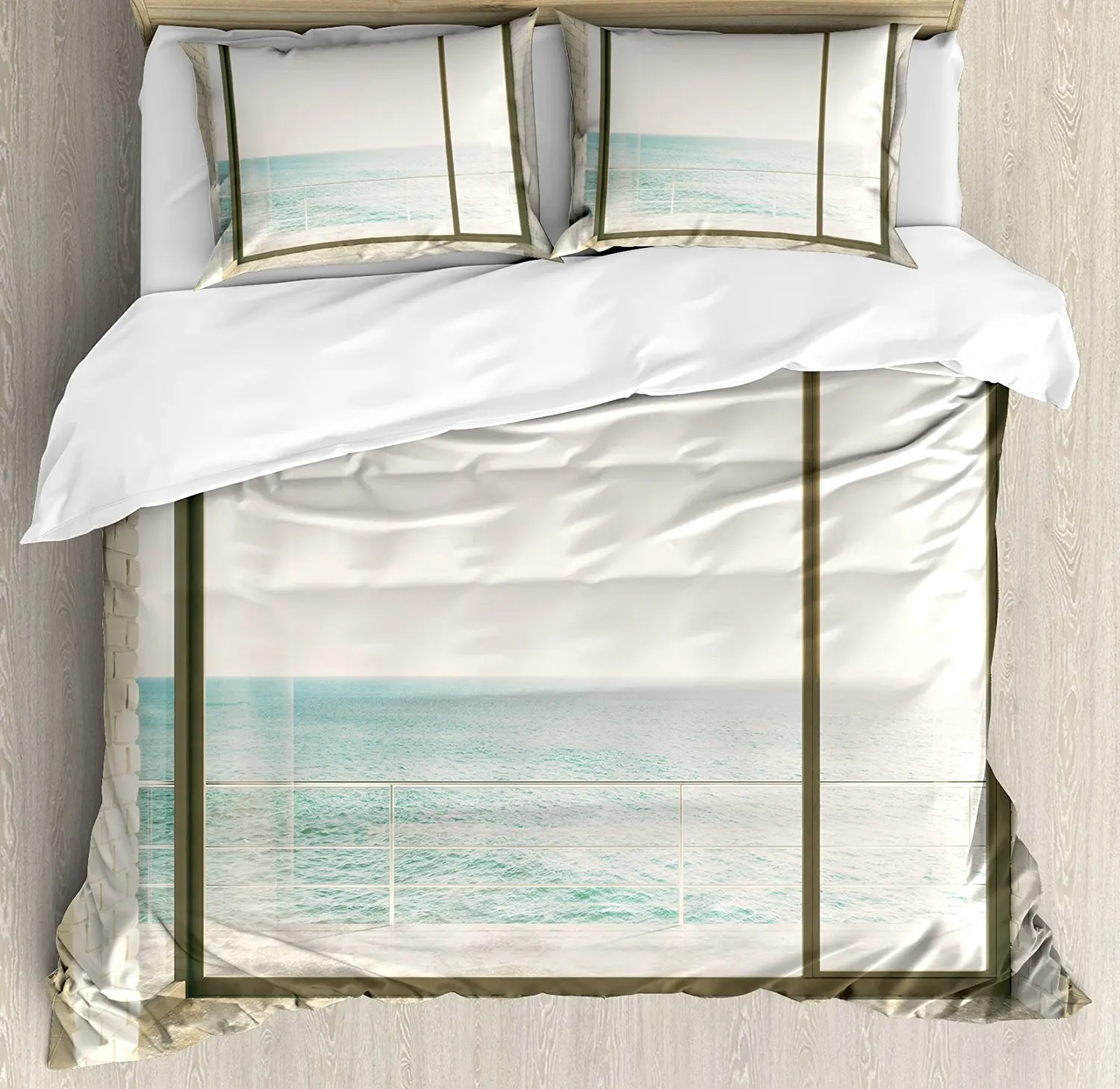 

Beach Theme Decor Duvet Cover Set Apartment Scenery with Wavy Sea Ocean Coastal Home Design 4 Piece Bedding Set