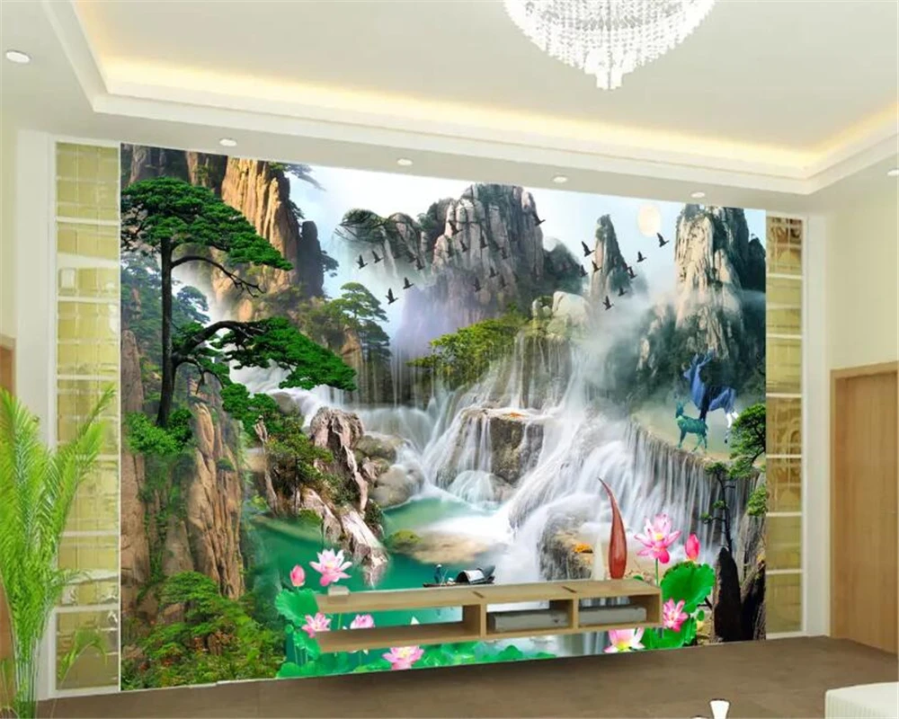 

Beibehang Custom 3D Wallpaper 3D Waterfall Forest Landscape Lotus Deer Art Mural Life Bedroom Children Room Photo wallpaper 3d