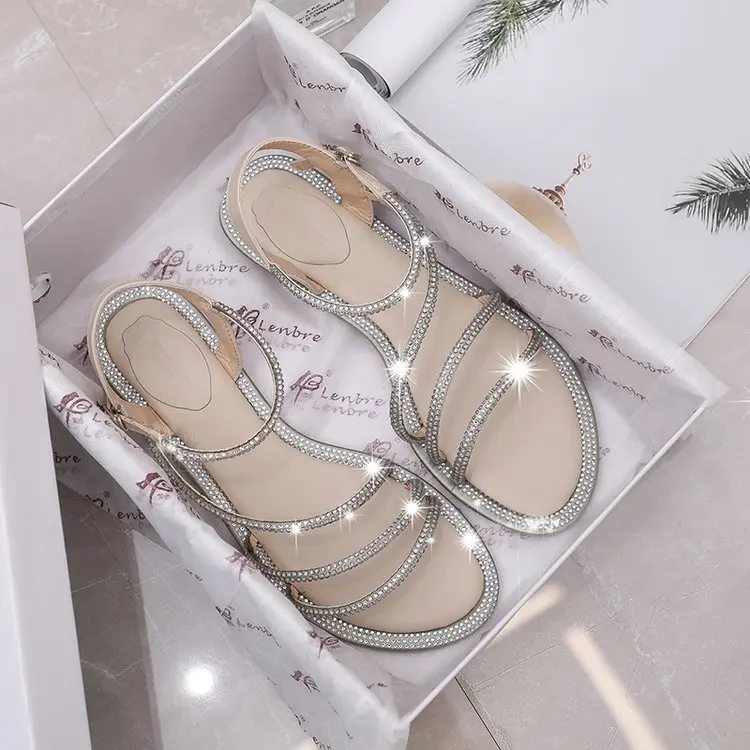 

2019 New Style Rhinestone Elegant Women's Crystal Sandals Summer Fashion Beach Sandals Flat Summer Sandals Zapatos Mujer E920