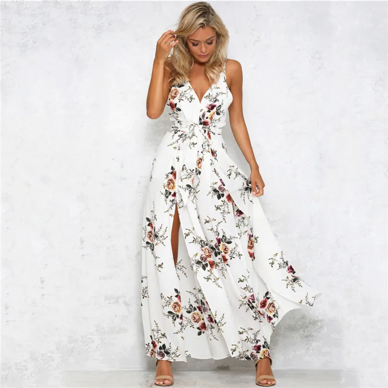 

Boho 2018 Women's Sleeveless Flower Jumpsuit Casual Loose Trousers Fashionable Estate Split Tie Floral Wide Leg Pants Clothes