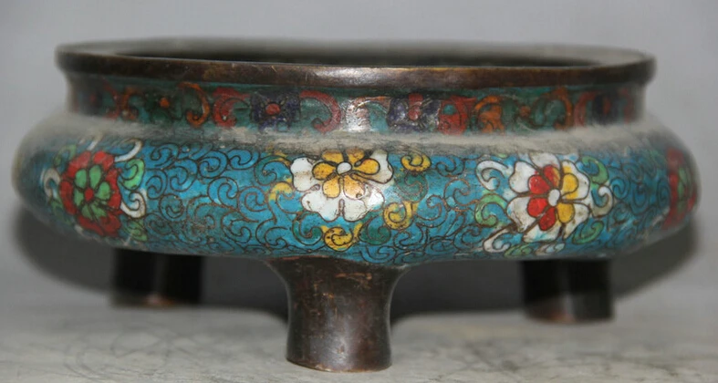 

S1855 6" Marked Chinese Cloisonne Bronze 3 Foot flower circular Incense Burner Censer D0318