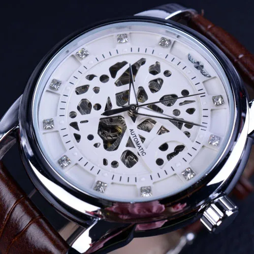 Winner Royal Diamond дизайнерские черные золотые часы Montre Homme мужские часы лучший бренд класса люкс Relogio мужские механические часы со скелетом - Цвет: White Silver