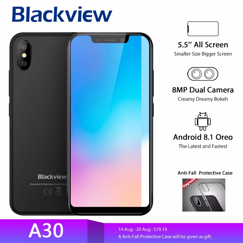 Koop Blackview A30 Smartphone Android 8.1 199 5.5 inch 2 gb RAM 16 gb ROM gezicht ID dual Camera 8MP unlocked 3g Quad Core Mobiele telefoons