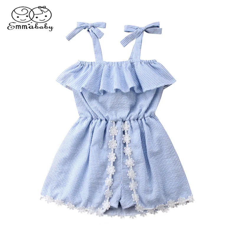 

Emmababy Baby Kids Clothes Girls Lace Flower Striped Romper Dress Strap Ruffles Blue Summer Rompers Jumpsuit Sundress Outfits