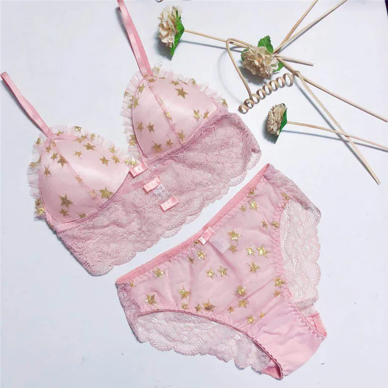 

Fashion Women Underwear Sexy Ultra-thin Lace Bra Set Printing Star Wire-Free Bralette Summer Mesh Lingerie and Bra & Brief Sets