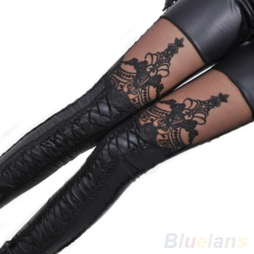 

2017 Top QualityFashion Women Lace-up Faux PU Leather Lace Leggings Pants