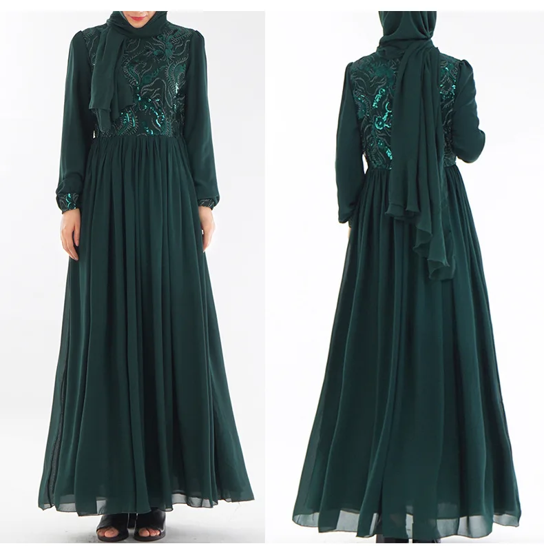 Роскошное вышитое Абая кружевное простроченное мусульманское Макси платье кардиган с пайетками Длинные халаты кимоно Джаба Рамадан Арабский исламский молитва - Цвет: black green