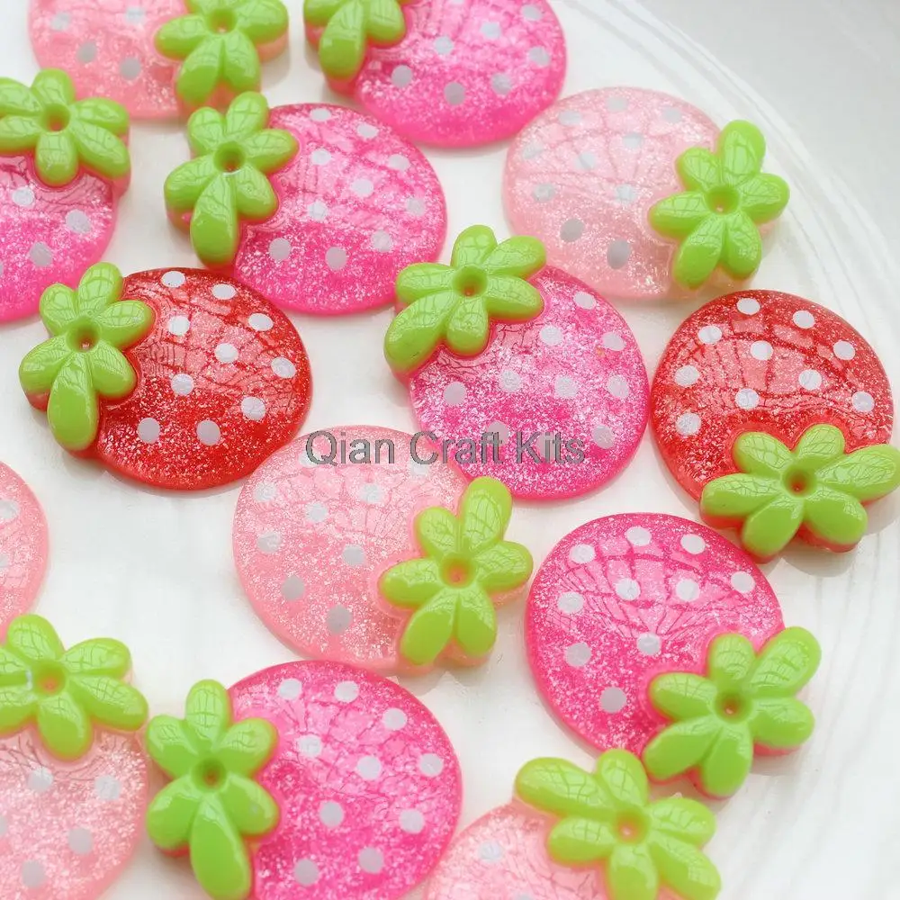 

100pcs big mix color kawaii zakka polka dots painted Resin kawaii glitter transparent strawberry flatback cabochons 32mm