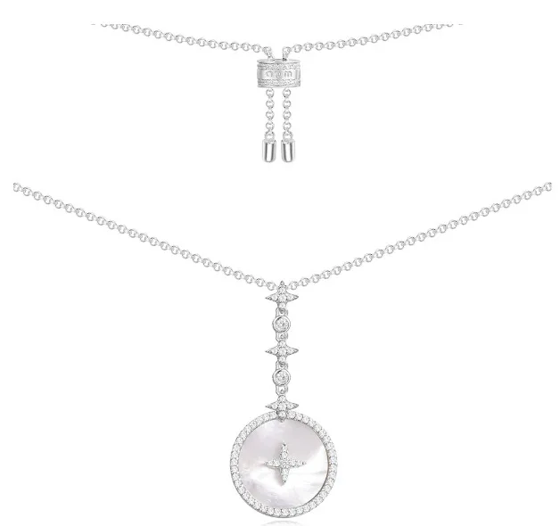 

925 Sterling Silver Cubic Zirconia Art Round Badge Star moon Pendant Necklace with Mother of Pearl Women Famous Brand Jewelry