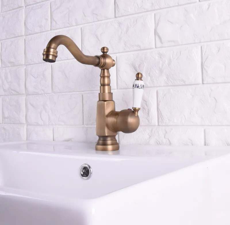 Vintage Retro Antique Brass Single Handle One Hole Bathroom Kitchen Basin Sink Faucet Mixer Tap Swivel Spout Deck Mounted msf115