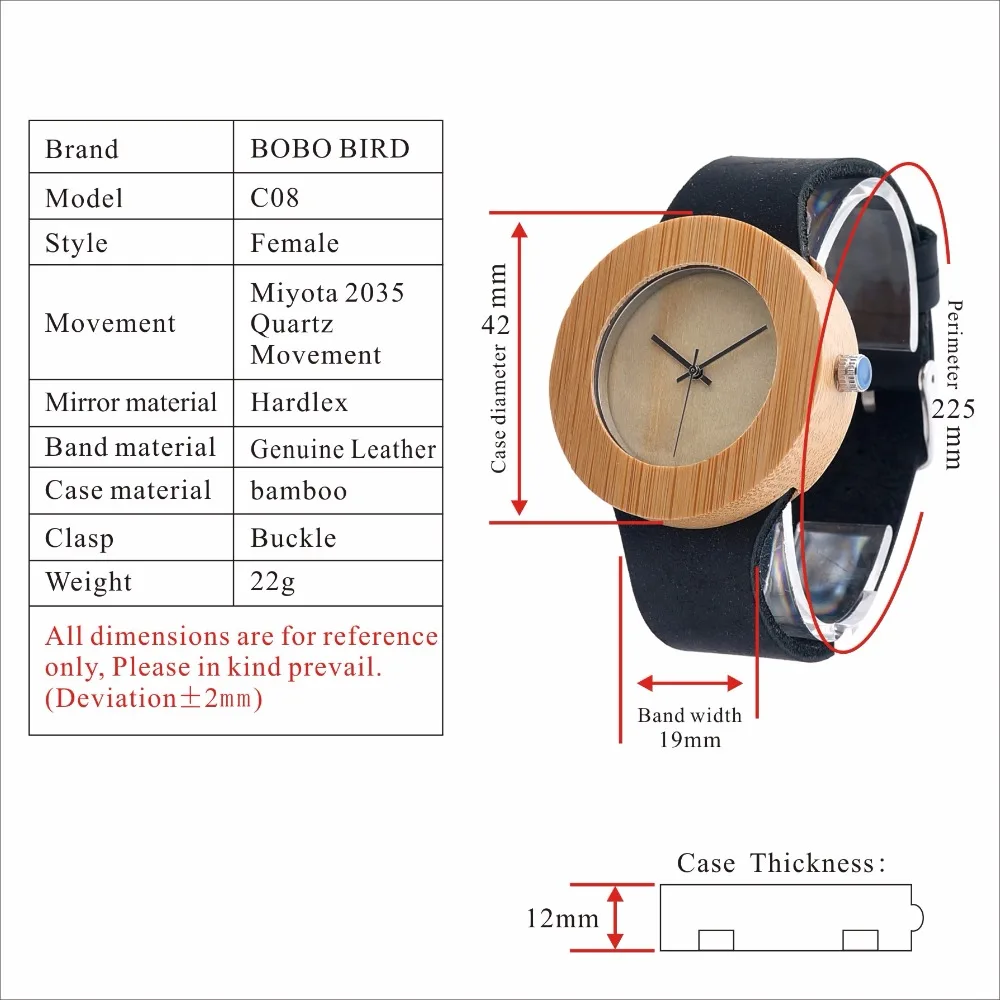 Black Genuine Leather Band Retail Box Wood Watch Japan Move' 2035 C08