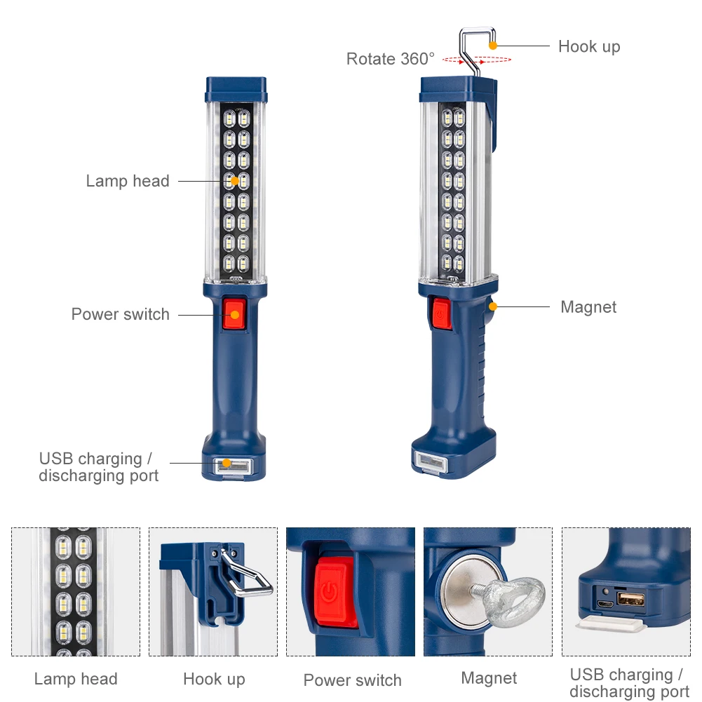 COB светодиодный светильник-вспышка Магнитный рабочий светильник USB Перезаряжаемый фонарь с поворотным крюком подвесной светильник внешний аккумулятор для автомобиля ремонт и обслуживание