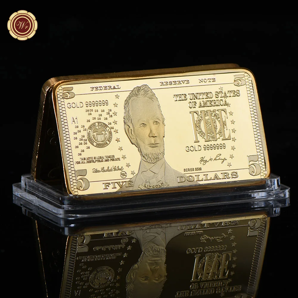 WR 2 доллара 24 к американские Золотые банкноты поддельные бар качество 999,9 США 2 доллара бумажные деньги золотые слитки металлические поделки для коллекции - Цвет: USD 5 gold bar