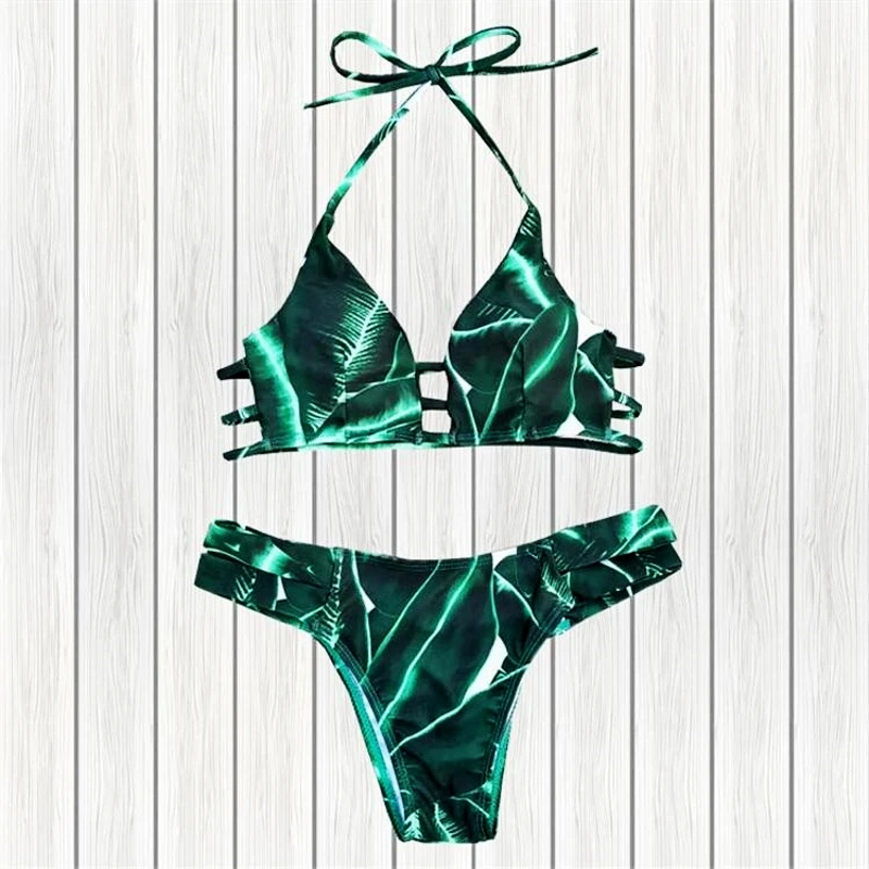 2018 New Promotions Push Up Low Waist Swimwear Women Green leaves Rope Vintage Bikini Set Beach Bathing Sexy Thongs Swimsuit |