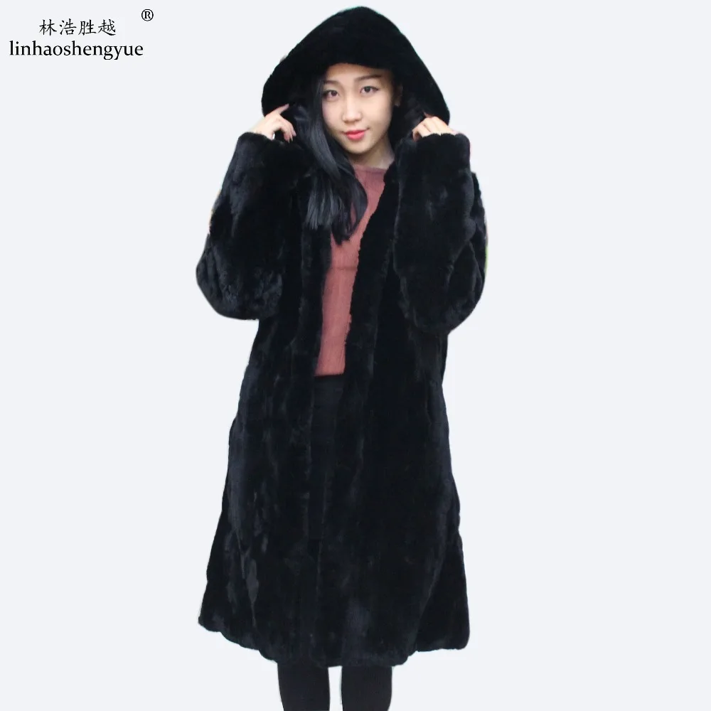 

Linhaoshengyue women Rex rabbit long coat with hood winter warm Real Rex rabbit fur 100cm long