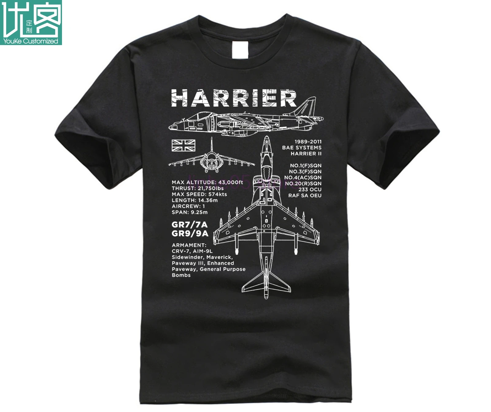 

100% Cotton Brand New T-Shirts Harrier GR7 7A Blueprint T-Shirt GR9 9A BAE AV8B Aircraft RAF 1 3 4 20 SQN Print T Shirt Men