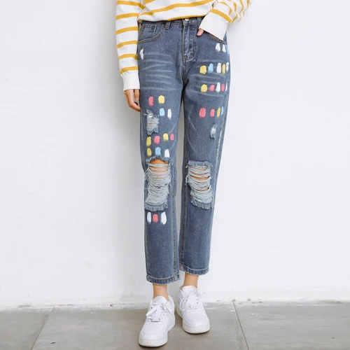 

High Waist Jeans Woman 2017 Japanese Lolita Color Painted Ripped Hole Ankle Length Blue Denim Pants Trousers jeans femme 3075