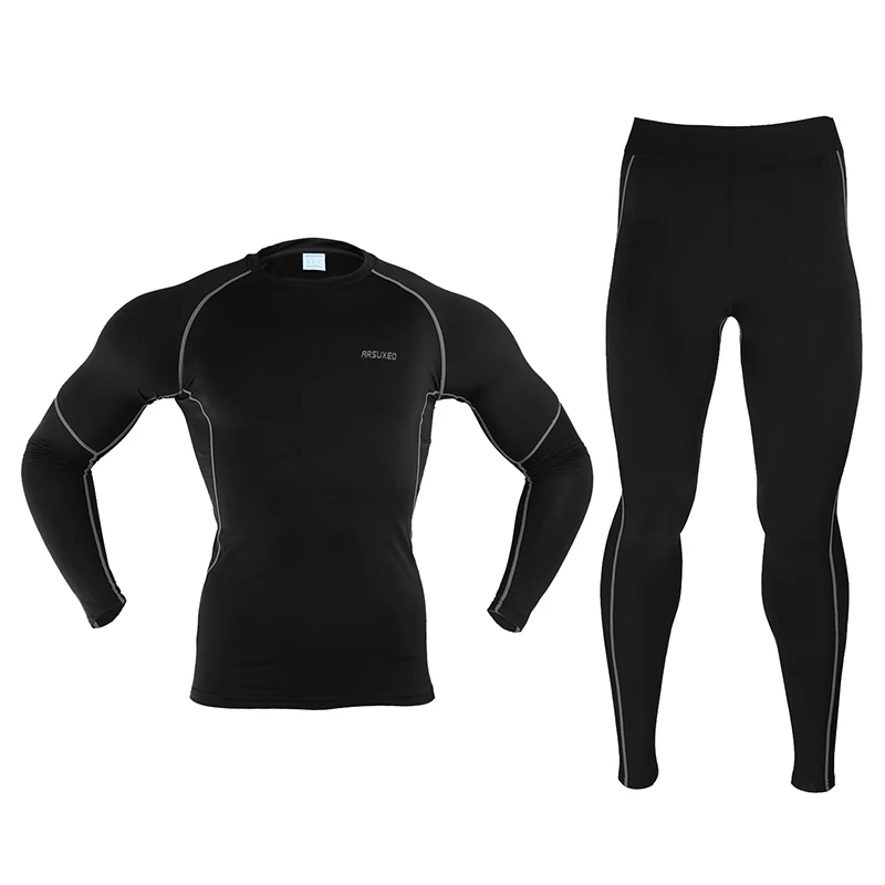 ARSUXEO Мужская Зимняя Теплая Флисовая компрессионная одежда для велоспорта, рубашки, трико, наборы для бега, Джерси, спортивные костюмы N56 - Цвет: N56 black grey line
