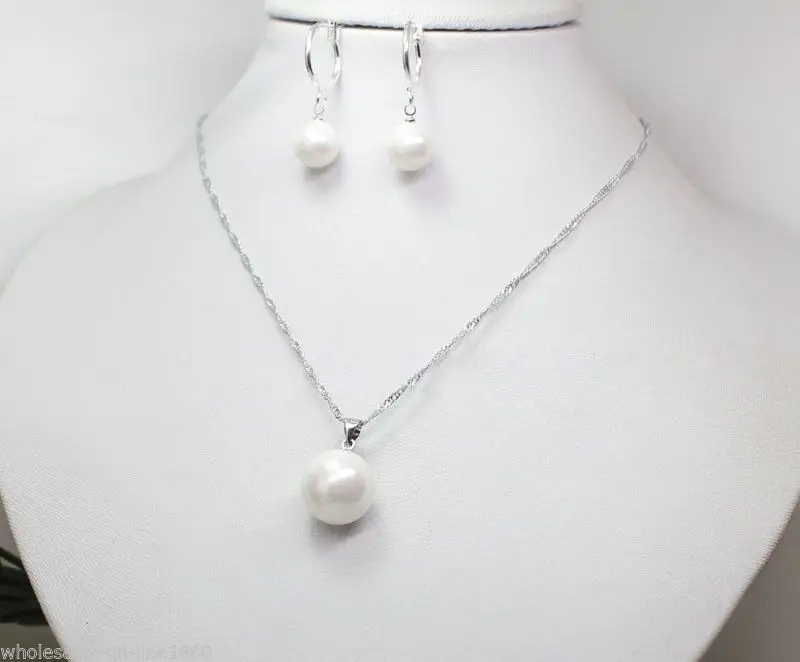 

y Quartz crystal 10mm 14mm Elegant South Sea White Shell Pearl Necklace Pendant Set silver-jewelry