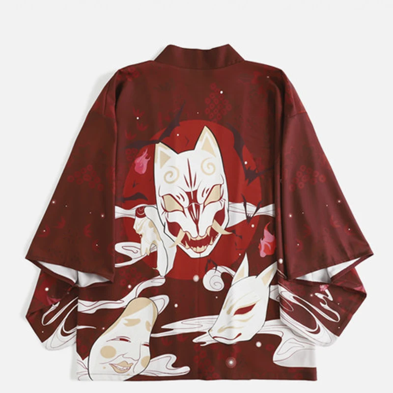 Japanese Harajuku Style Women Blouse Fox Shirts Japanese Kimono Print Chiffon Cardigan Tunic Shirt Chiffon Sun Protection Blouse