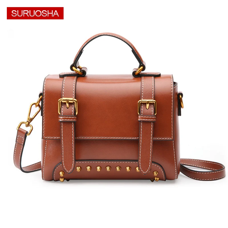 

SURUOSHA Genuine Leather Women Shoulder Bags Fashion Rivet Designer Messenger Bags Ladies Luxury Brand Satchels Handbags 2018