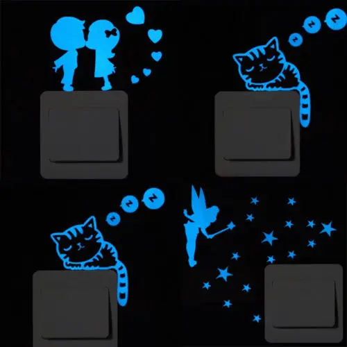 

2018 New Fairy Glow In The Dark Fluorescent Switch Sticker Removable Decal Star Cat Couple Cartoon Luminous Mural Decal Decor