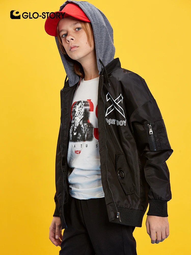

GLO-STORY 2019 New Spring Fashion Boy's Letter Bomber Jacket with Hooded Children Black Coat Kids Clothes BFY-7789