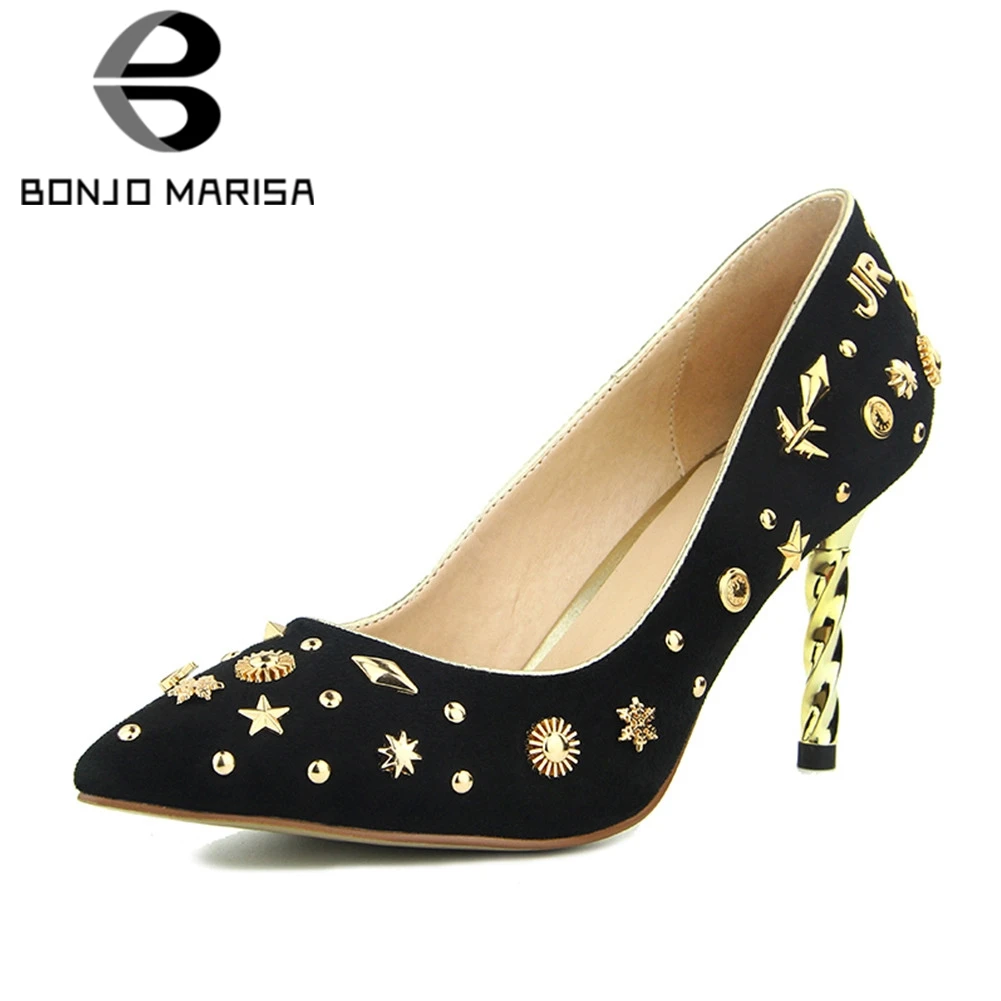 

BONJOMARISA New Fashion Shallow Rivet Metal Decoration Pointed Toe Shoes Woman Casual Spring Autumn Pumps Big Size 34-42