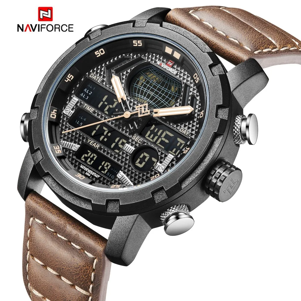 Naviforce Heren Horloges Topmerk Luxe Sport Horloge Mannen Lederen Band 30M Waterdichte Miliaire Dual Display Polshorloge Klok 2023