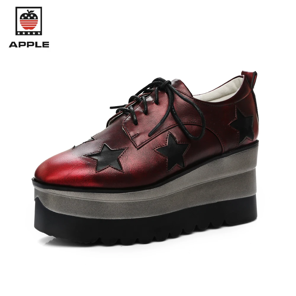 

APPLE 2017 Casual Women Platform Flats Patent Leather Lace Up Square Toe Spring and Autumn Solid Loafers Fashion Lady Shoes