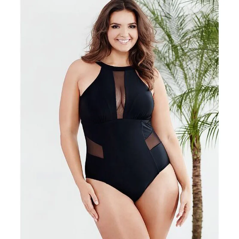 Sexy Net Yarn Plus Size XXXL Women Swimwear One Piece Black Solid Swimsuit Bathing Suit Female Monokini Maillot De Bain Femme plus-size-black-swimsuit : image Sexy Net Yarn Plus Size XXXL Women Swimwear One Piece Black Solid Swimsuit Bathing Suit Female Monokini Maillot De Bain Femme plus-size-black-swimsuit