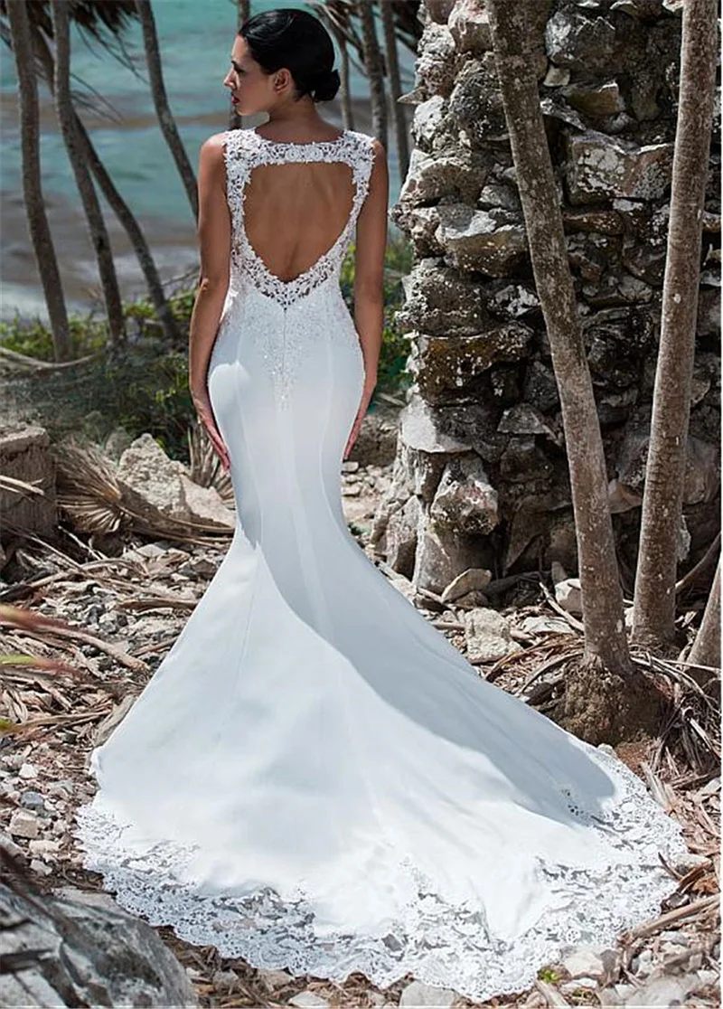 LORIE Sexy Mermaid Wedding Dress Sleeveless Lace Appliqued Illusion Back Boho Wedding Gown Long Train Bride Dress 2