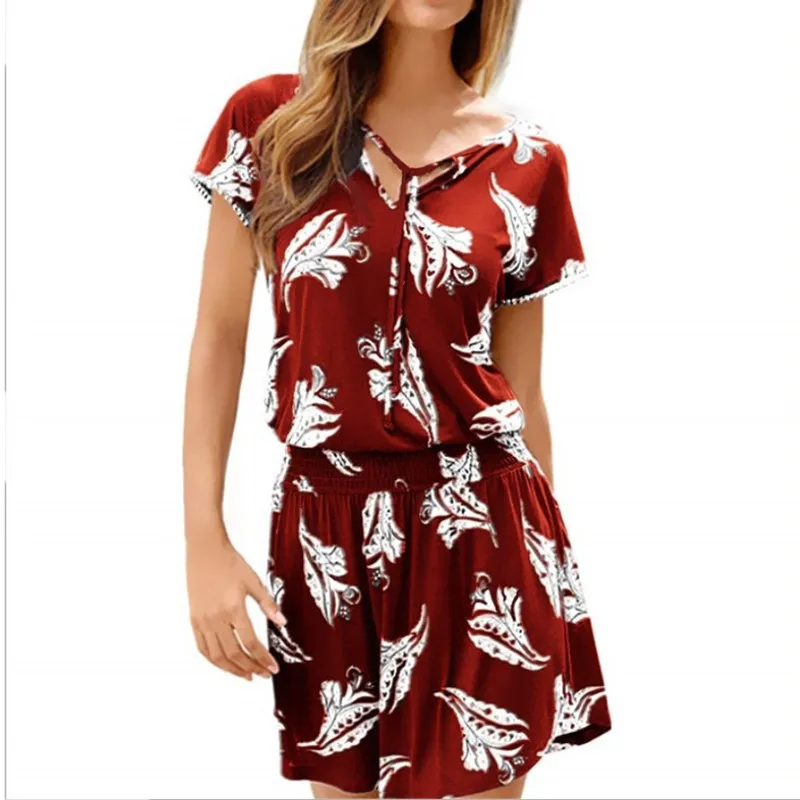 

Summer Short Sleeve Casual Women Playsuits Bandage V-Neck Flower Print Loose Rompers Female Beach Casual Playsuits Plus Size 3XL