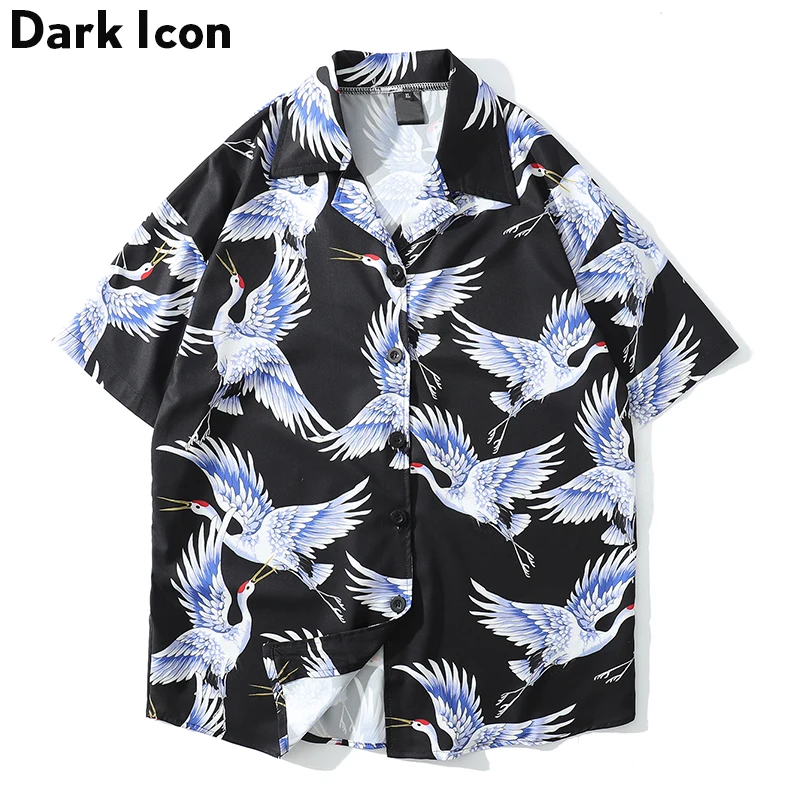

Dark Icon Crane Full Printed Vintage Street Men's Shirts Short Sleeve Summer Holiday Hawaiian Shirt Hip Hop Shirt