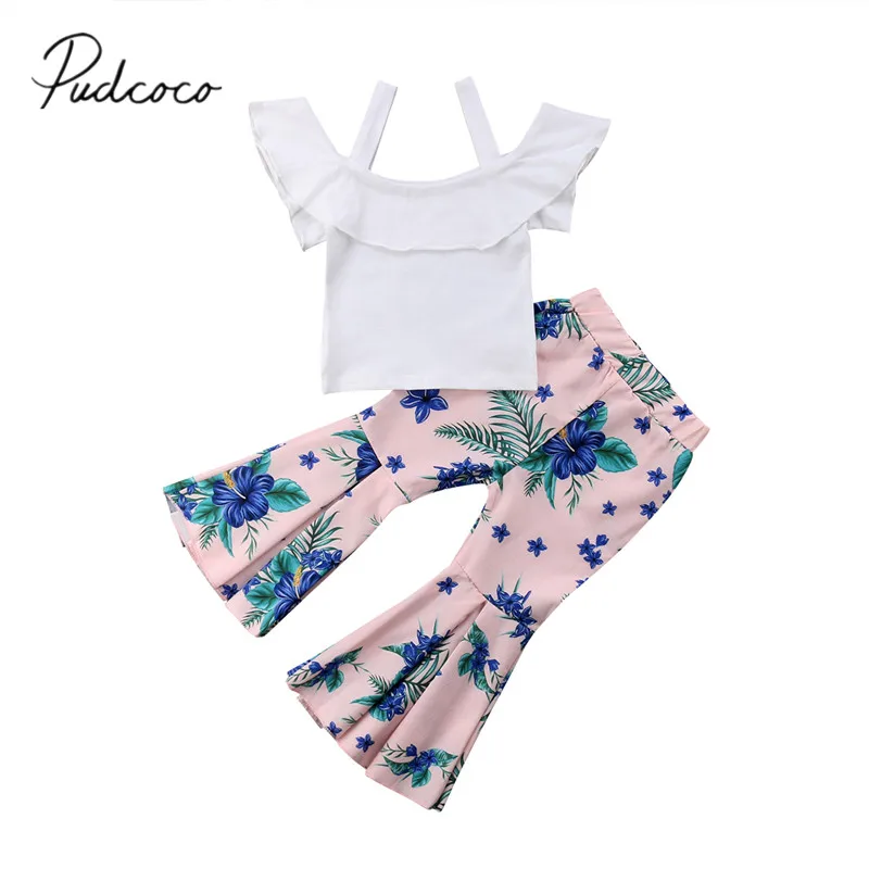 

2018 Brand New Toddler Infant Kid Girl Strap Off Shoulder Top+Floral Flared Pants 2Pcs Set Outfits Children Summer Clothing 1-6T