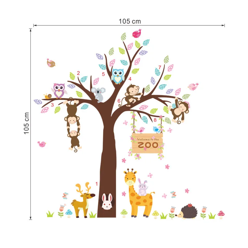 Лесной Зоопарк Животные кролик Жираф Обезьяна Дерево настенные наклейки для детской комнаты спальня детская комната декор настенные наклейки Фреска плакат